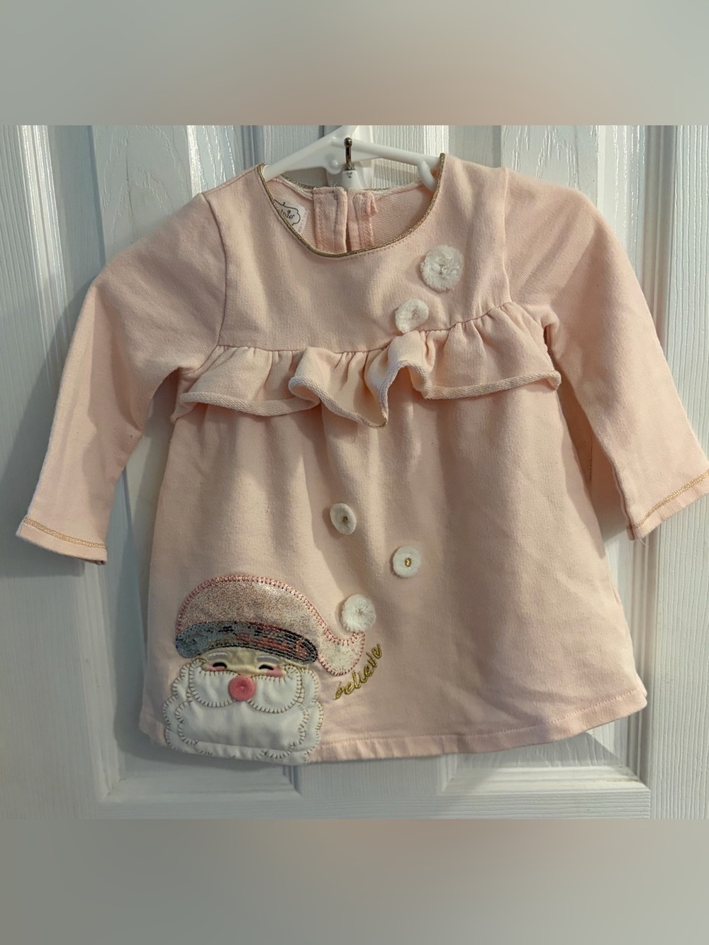 Mudpie Baby Girls Adorable Pink Dress w/Santa Appliqué & Fuzzy Beard Size 6-9 M